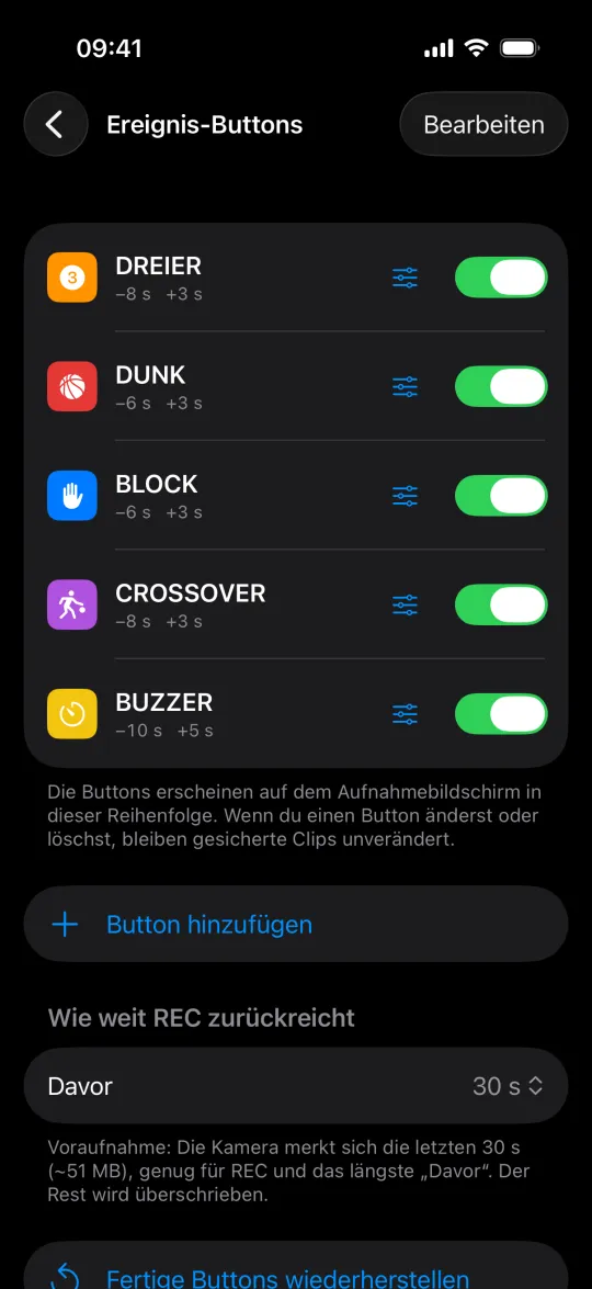 Ereignis-Buttons des Basketball-Sets in den Einstellungen