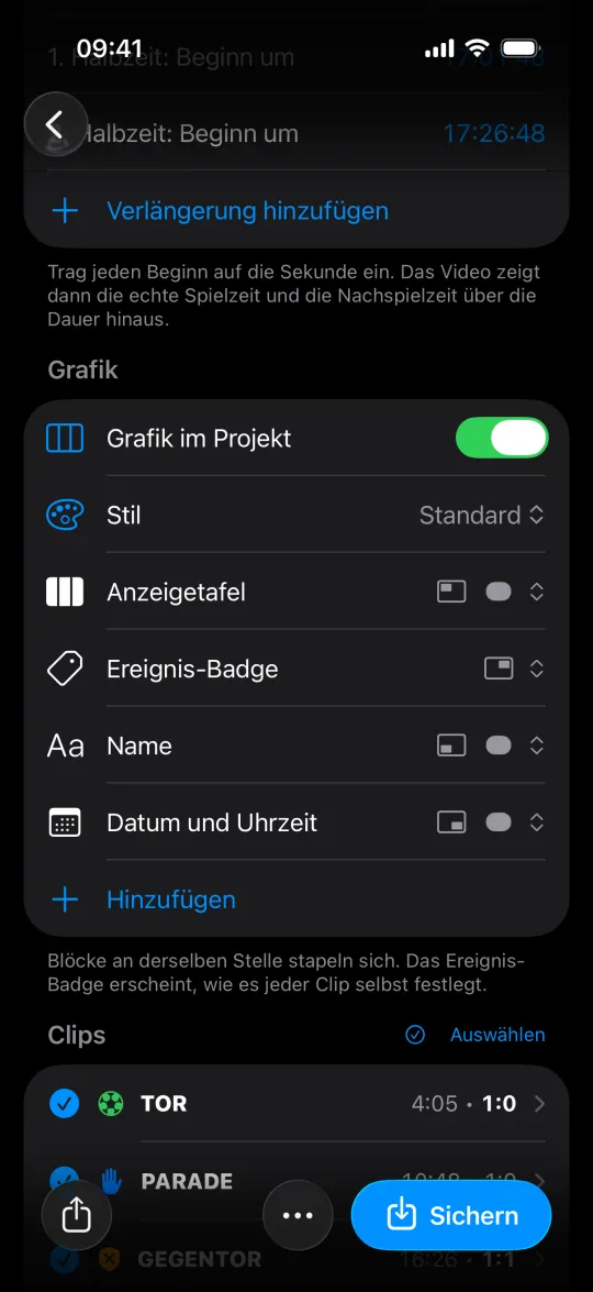 Grafik im Projekt: Stil und Blöcke, darunter die Clips des Spiels mit Spielzeit und Spielstand