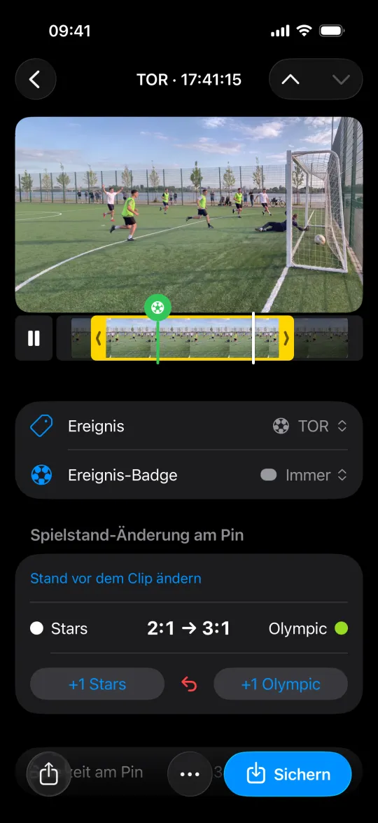 Ein Tor-Clip aus dem Spiel: Im Moment des Tors wechselt der Stand von 2:1 auf 3:1, jedes Team hat einen +1-Button