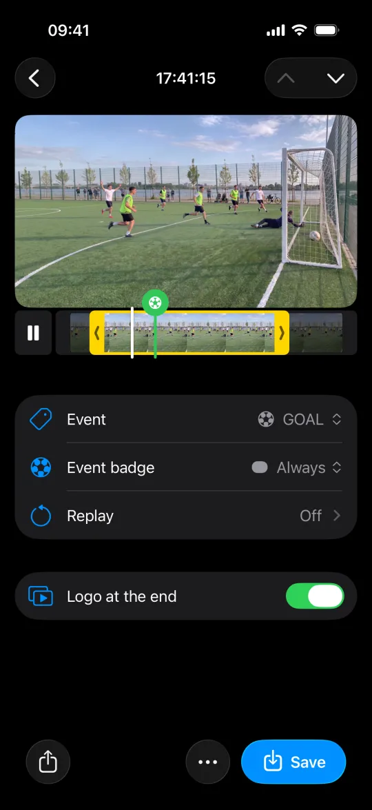 A saved goal clip with the event badge switch and Save to Photos