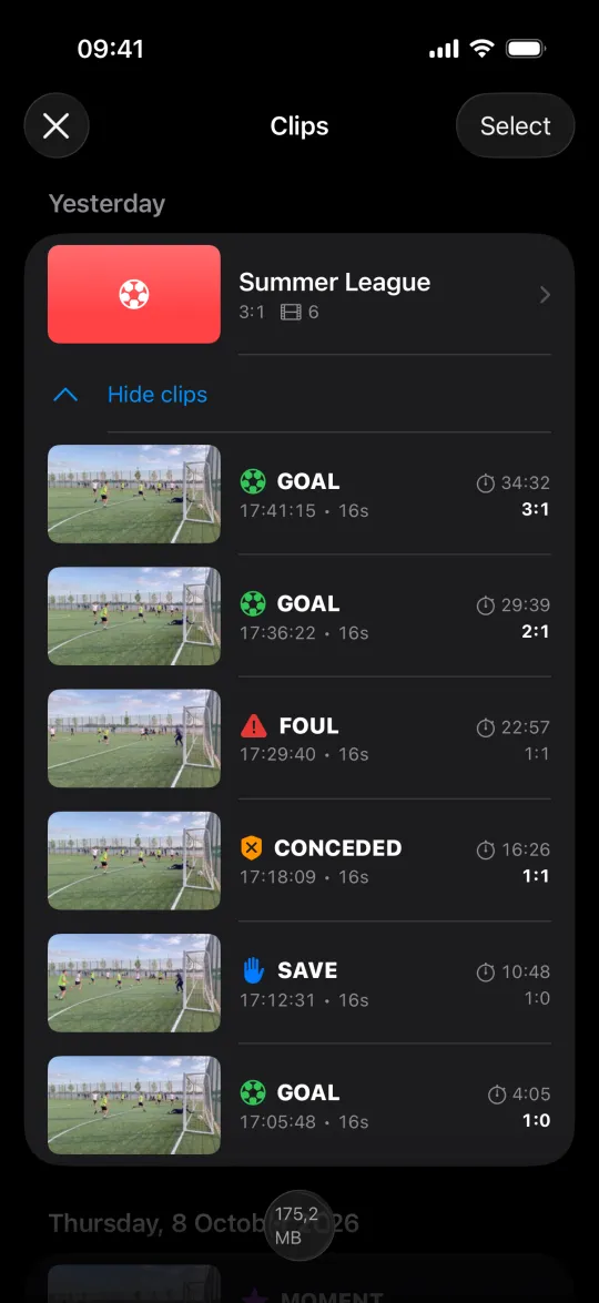 The Minus5 gallery: the match kept as one project with its clips, each with its match time and score