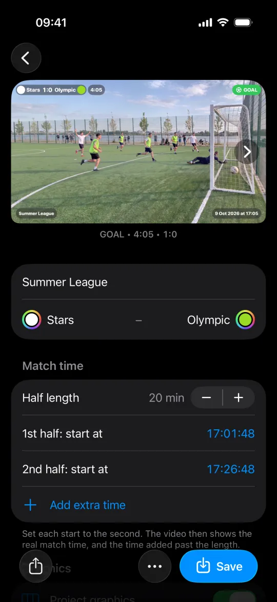 A Match project in Minus5: a goal clip with the scoreboard, match time and event badge on the video, the teams and half starts below