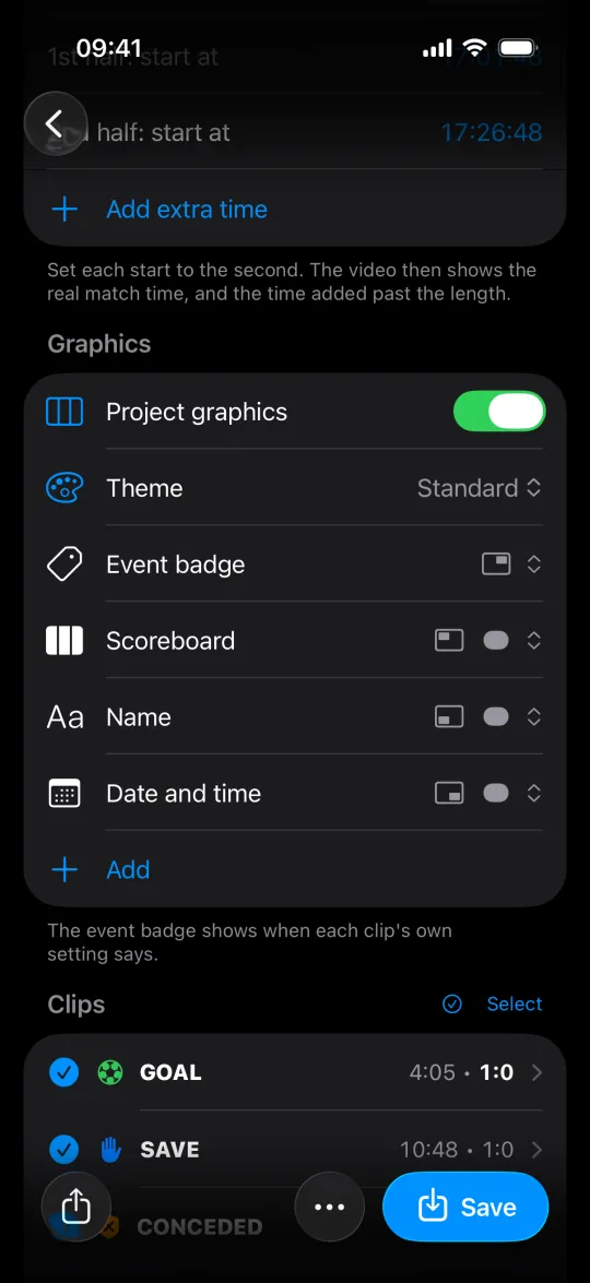 Project graphics settings: the theme and blocks, then the match's clips with their match time and score