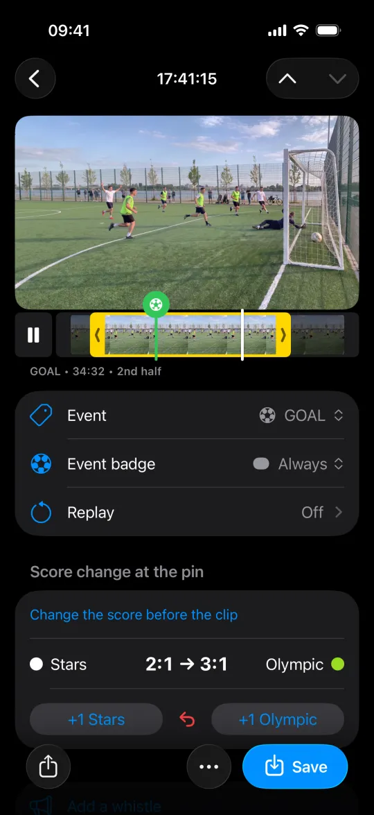 A goal clip opened from the match: the score goes from 2:1 to 3:1 at the moment of the goal, with a +1 button for each team