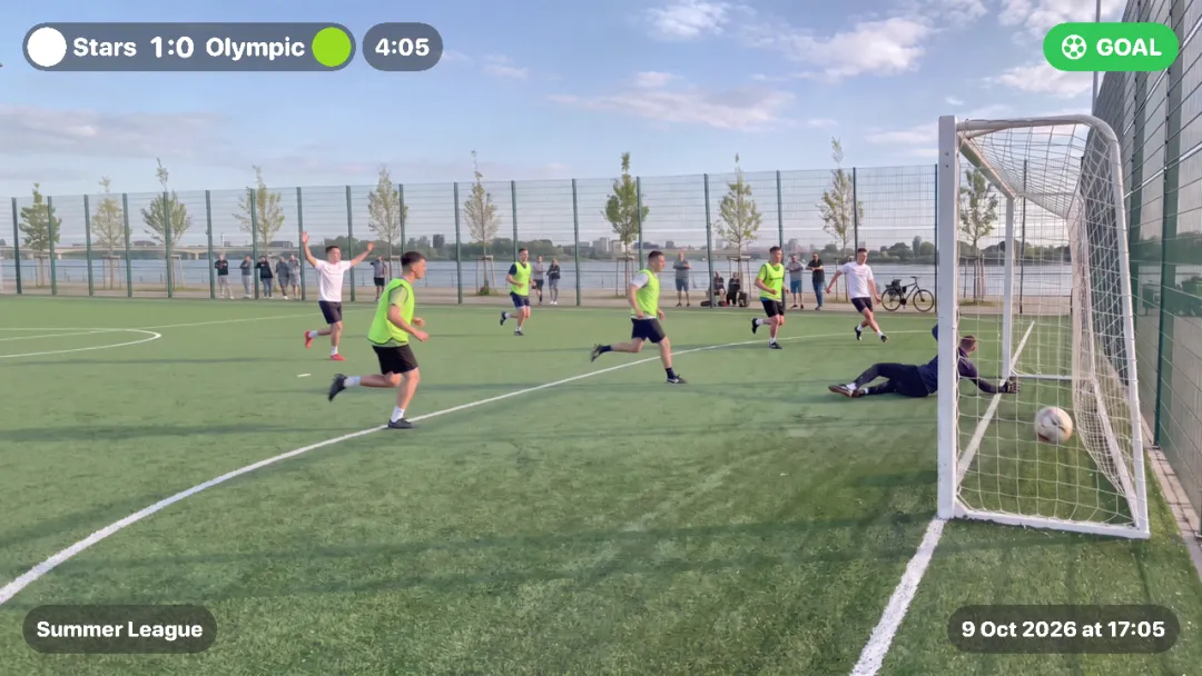 A frame of the finished match video: the scoreboard with the score 1:0, match time, GOAL badge, tournament name and date