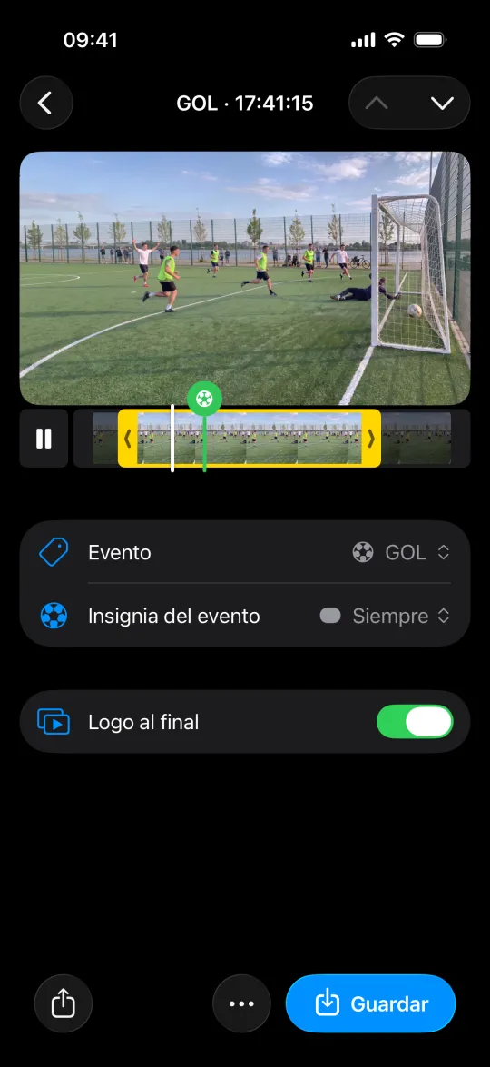 Un clip de gol guardado, con la insignia del evento y «Guardar en Fotos»