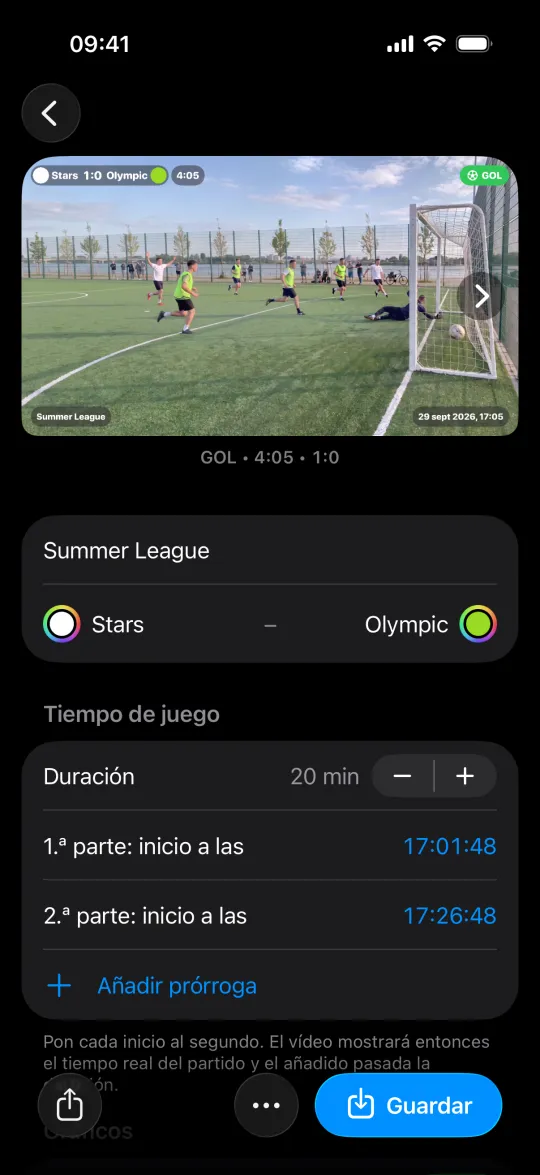 Un proyecto Partido en Minus5: un clip de gol con marcador, tiempo de juego e insignia del evento en el vídeo, y debajo los equipos y el inicio de cada parte