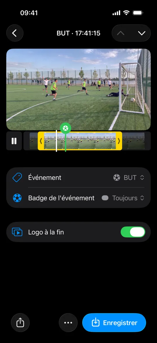 Un clip de but enregistré, avec le badge de l'événement et « Enregistrer dans Photos »