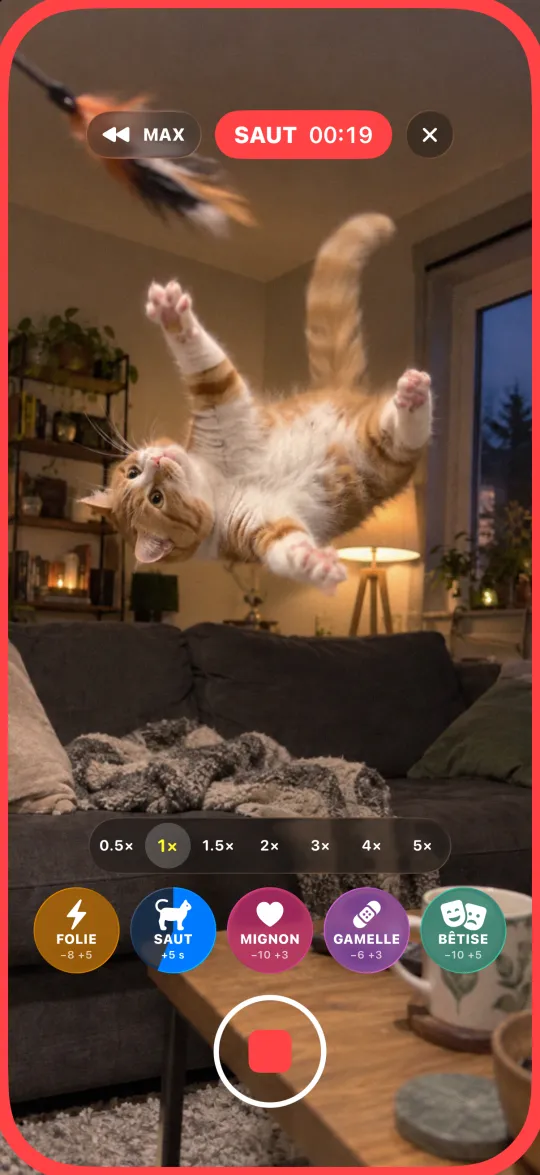 Un chat en plein saut dans le salon, le bouton d'événement en plein décompte