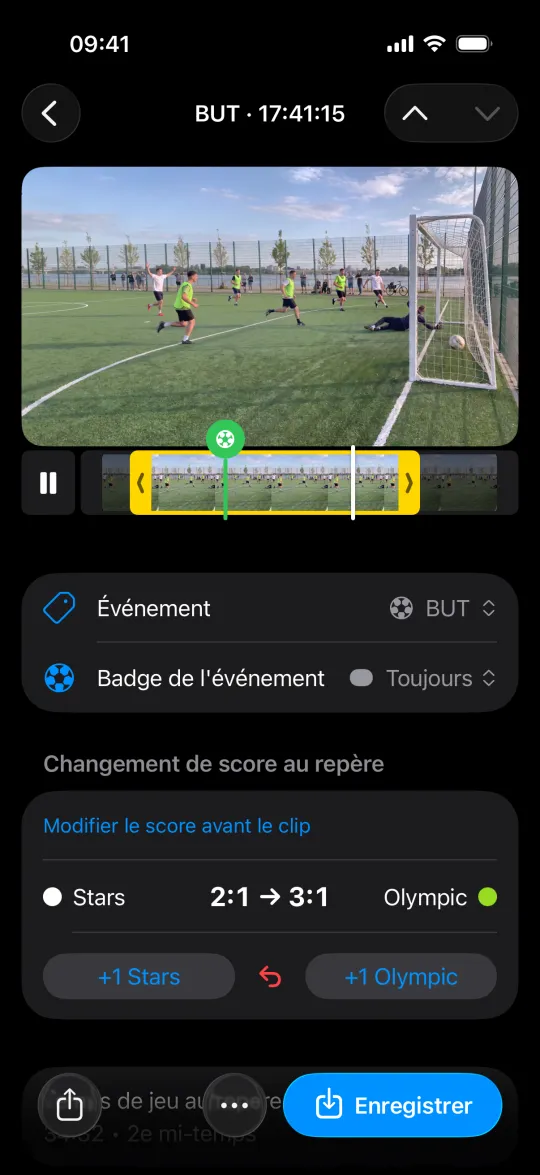 Un clip de but ouvert depuis le match : au moment du but, le score passe de 2:1 à 3:1, avec un bouton +1 pour chaque équipe